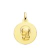 Medalla circular de la Virgen Niña en oro amarillo de 18 quilates con bisel tallado brillante de 16 mm de diámetro sobre fondo blanco.
