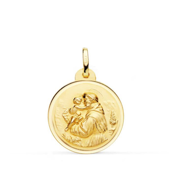 Medalla de San Antonio de Padua en oro amarillo de 18 quilates, 20 mm de diámetro, con bisel liso brillante y relieve del santo.