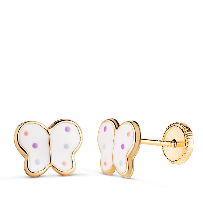 18K PENDIENTES ORO AMARILLO MARIPOSAS ESMALTE BLANCO. MEDIDA: 8 X 6,5 MM.CIERRE TUERCA