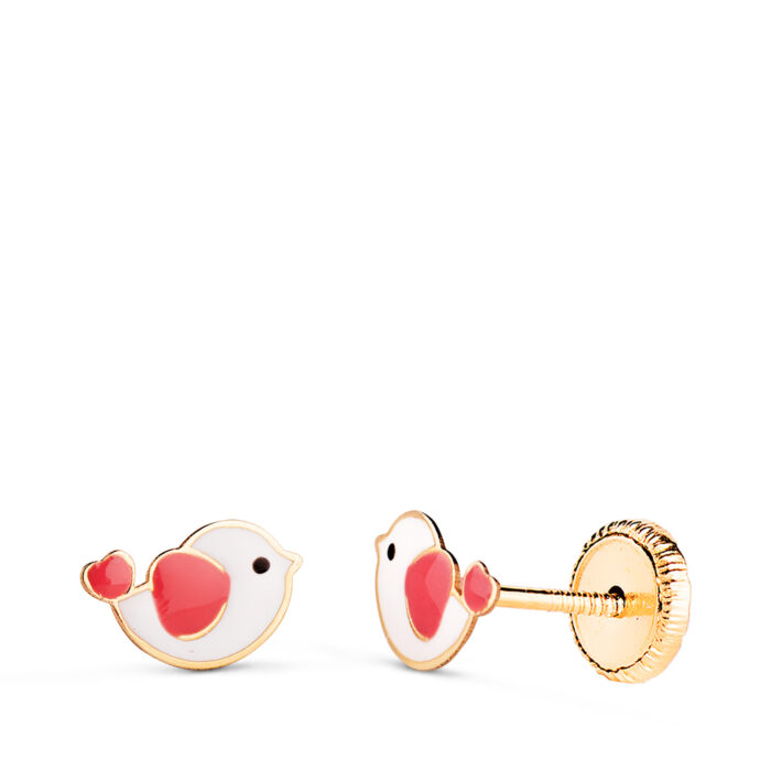 18K PENDIENTES ORO AMARILLO PAJAROS ESMALTADOS. MEDIDA: 7,5 X 5 MM. CIERRE TUERCA