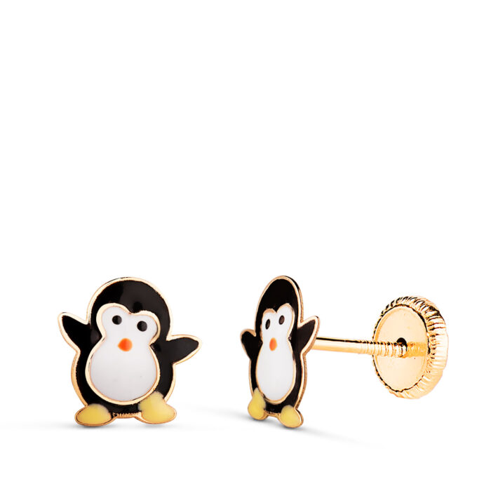 18K PENDIENTES ORO AMARILLO PINGUINOS ESMALTADOS. MEDIDA: 8 X 7 MM. CIERRE TUERCA
