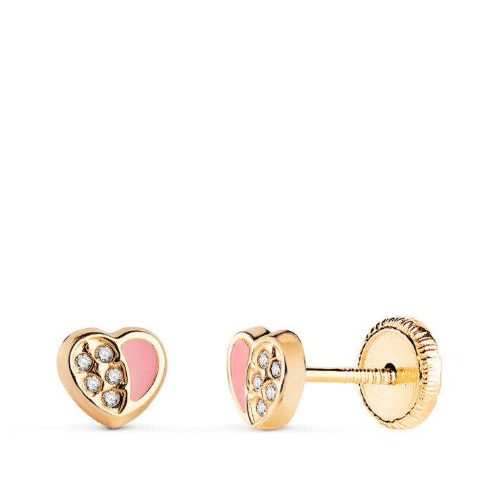 18K PENDIENTES ORO AMARILLO CORAZON ESMALTE ROSA Y CIRCONITAS 5,5X5 MM. CIERRE TUERCA