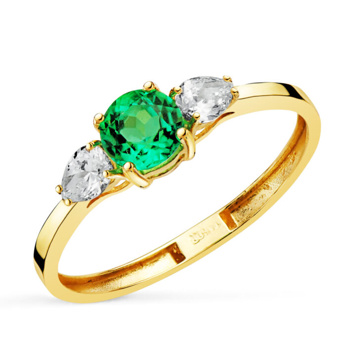 18K SORTIJA ORO AMARILLO DIAMANTES LABORATORIO TALLA PERA ESMERALDA RECRISTALIZADA 5 MM 0,48 QT 0,29QT. VS2 - E