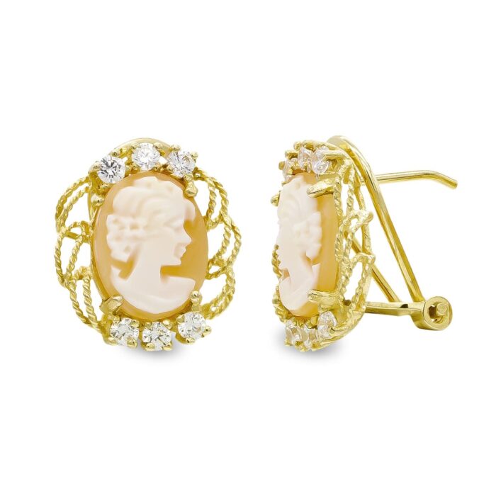 18K PENDIENTES ORO AMARILLO CAMAFEO 14X12 MM CIERRE OMEGA