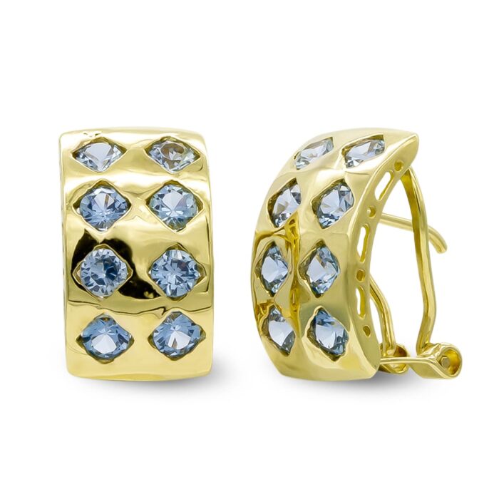 18K PENDIENTES ORO AMARILLO PIEDRAS AGUAMARINA 15X8 MM CIERRE OMEGA