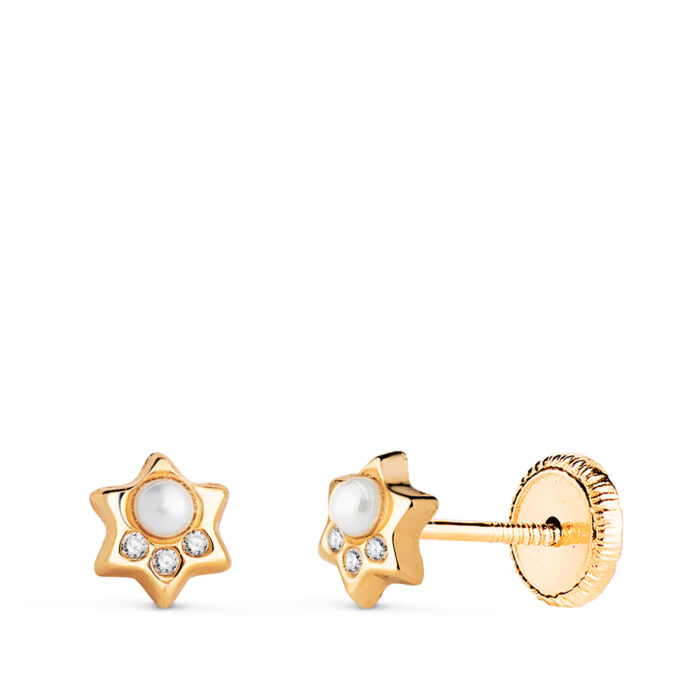 18K PENDIENTES ORO AMARILLO ESTRELLA CON PERLA Y CIRCONITAS. MEDIDA: 6X5 MM. CIERRE TUERCA