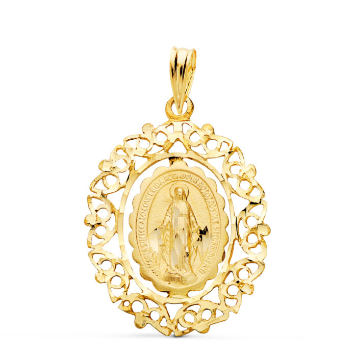 18K MEDALLA ORO AMARILLO VIRGEN DE LA MILAGROSA CERCO. MEDIDA: 28X21 MM