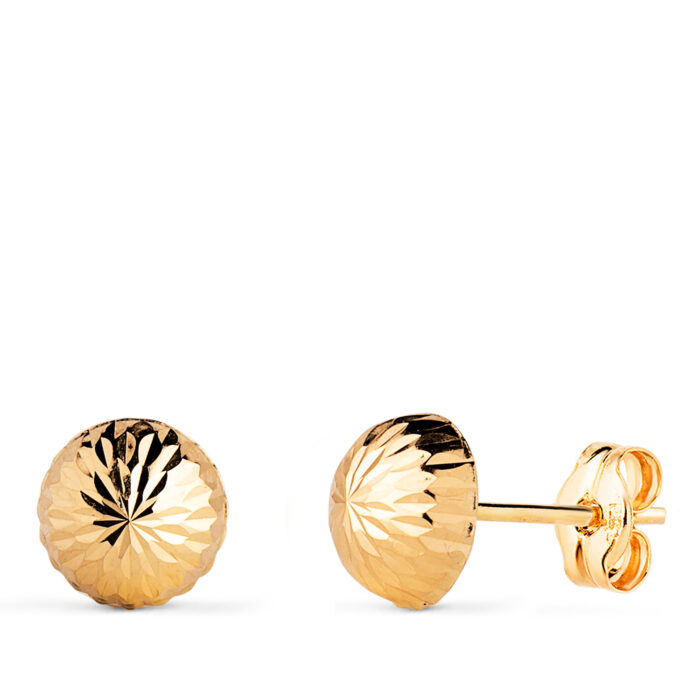 18K PENDIENTES ORO AMARILLO MEDIA BOLA TALLADA HUECA. ANCHO: 7 MM. CIERRE PRESION