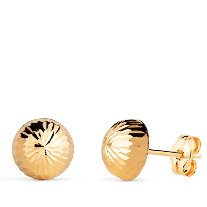 18K PENDIENTES ORO AMARILLO MEDIA BOLA TALLADA HUECA. ANCHO: 8 MM. CIERRE PRESION
