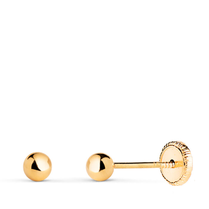 18K PENDIENTES ORO AMARILLO BOLA LISA BRILLA HUECA. ANCHO: 3 MM. CIERRE TUERCA