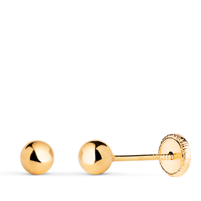18K PENDIENTES ORO AMARILLO BOLA LISA BRILLA HUECA. ANCHO: 4 MM. CIERRE TUERCA