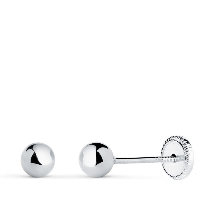 18K PENDIENTES ORO BLANCO BOLA LISA BRILLA HUECA. ANCHO: 4 MM. CIERRE TUERCA
