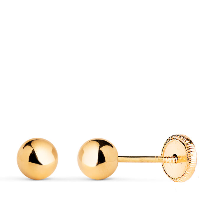 18K PENDIENTES ORO AMARILLO BOLA LISA BRILLA HUECA. ANCHO: 5 MM. CIERRE TUERCA