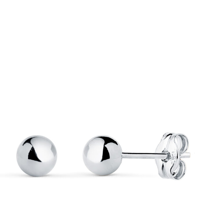 18K PENDIENTES ORO BLANCO BOLA LISA BRILLA HUECA. ANCHO: 5 MM. CIERRE PRESION