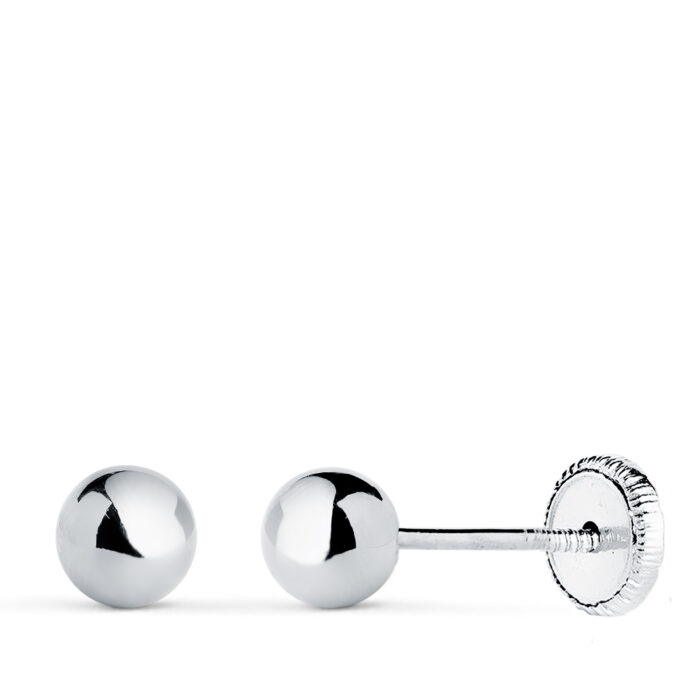 18K PENDIENTES ORO BLANCO BOLA LISA BRILLA HUECA. ANCHO: 5 MM. CIERRE TUERCA