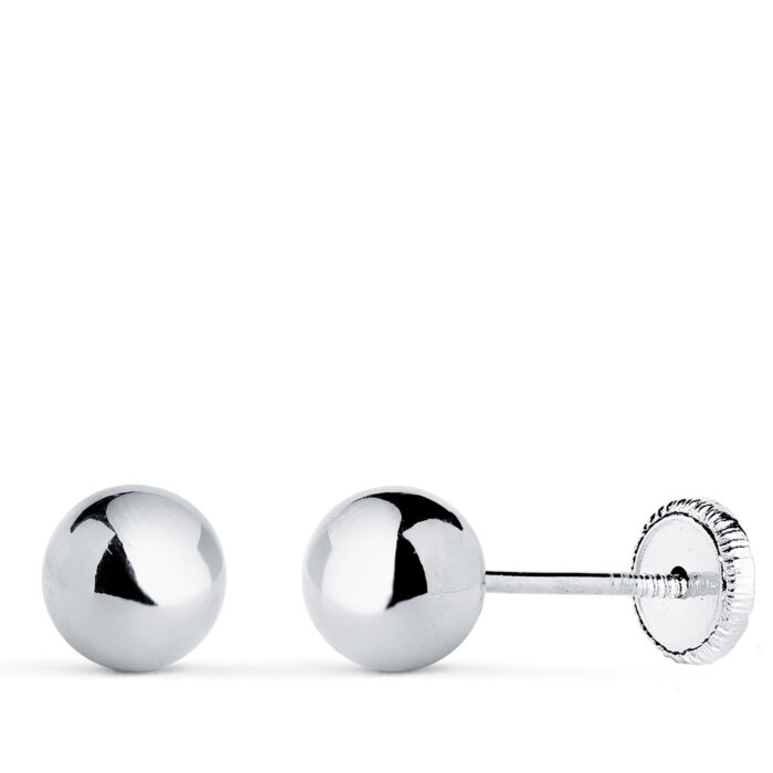 18K PENDIENTES ORO BLANCO BOLA LISA BRILLA HUECA. ANCHO: 6 MM. CIERRE TUERCA