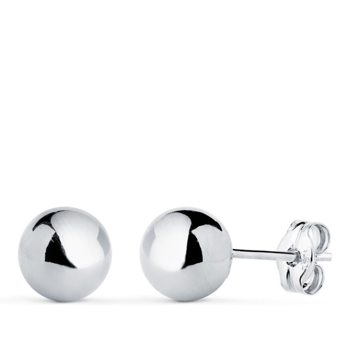 18K PENDIENTES ORO BLANCO BOLA LISA BRILLA HUECA. ANCHO: 7 MM. CIERRE PRESION