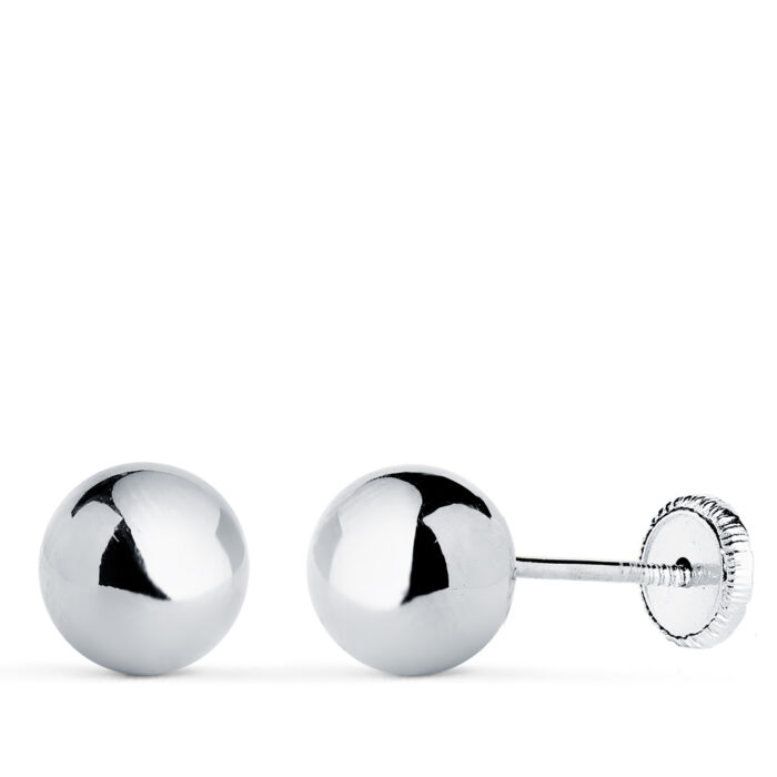 18K PENDIENTES ORO BLANCO BOLA LISA BRILLA HUECA. ANCHO: 7 MM. CIERRE TUERCA