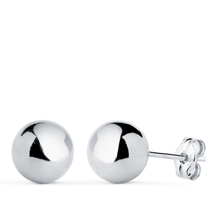 18K PENDIENTES ORO BLANCO BOLA LISA BRILLA HUECA. ANCHO: 8 MM. CIERRE PRESION