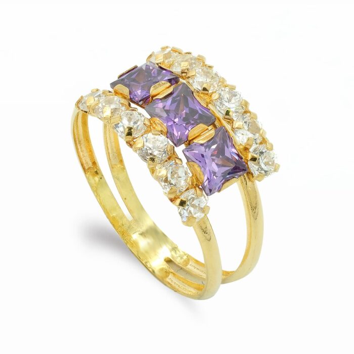 18K SORTIJA ORO AMARILLO DOBLE CUERPO CON CIRCONITA AMATISTA Y BLANCAS. ANCHO: 10 MM