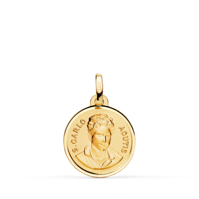 Medalla redonda de oro amarillo 18K con la imagen en relieve de Carlo Acutis y borde exterior biselado brillante.