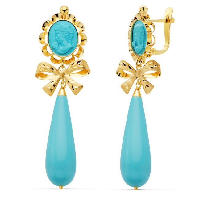 18K PENDIENTES ORO AMARILLO CAMAFEO LAZO TURQUESA 62X18 MM CIERRE CATALAN