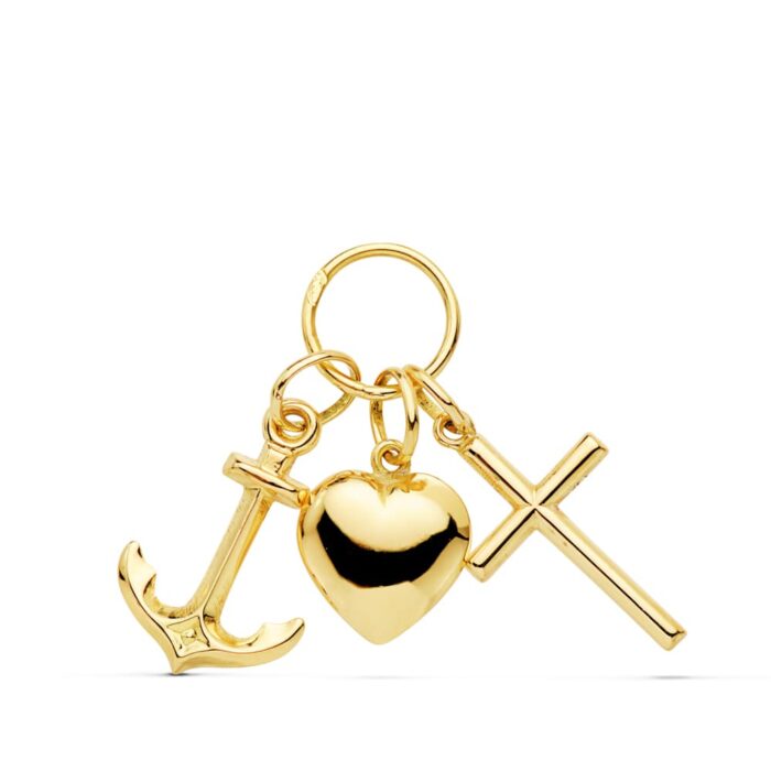 9K COLGANTE ORO AMARILLO TRES VIRTUDES: FE, ESPERANZA Y CARIDAD  25X19 MM