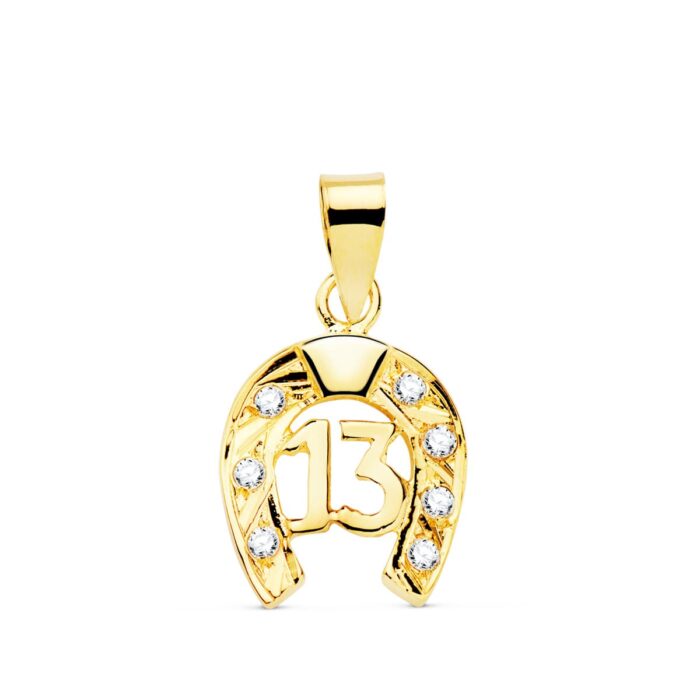 18K COLGANTE ORO AMARILLO HERRADURA CON CIRCONITA Y Nº 13. 13X11 MM
