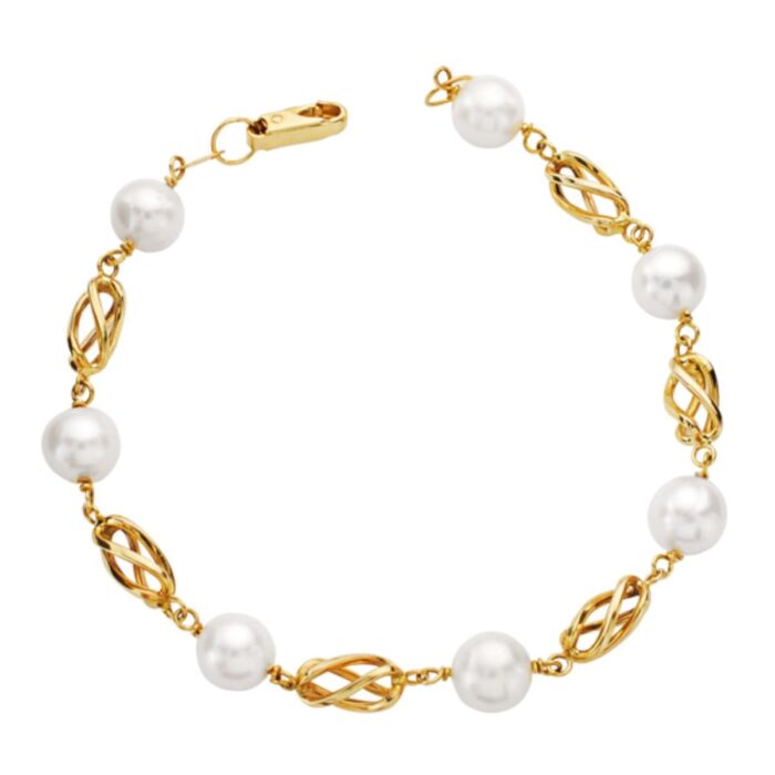 18K PULSERA ORO AMARILLO PERLA REDONDAS DE 8.5 MM Y JAULAS DE ORO 19CM