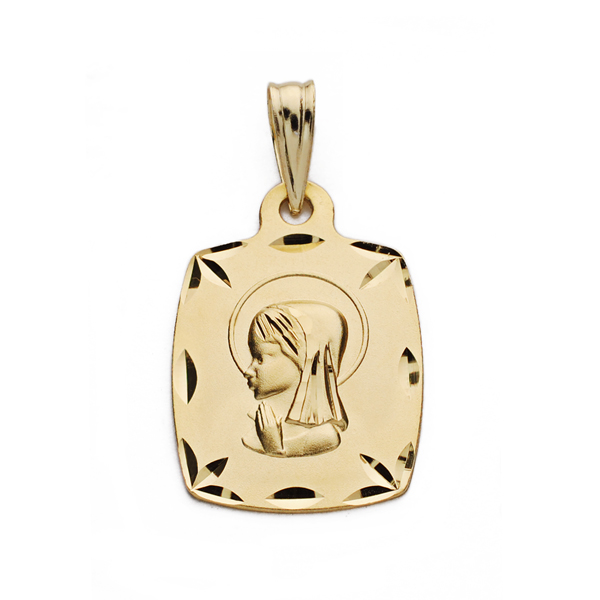 Medalla con forma de tonel de la Virgen Niña de perfil en oro amarillo de 18 quilates, dimensiones 19x13 mm, con acabado pulido brillante y borde liso sobre fondo blanco.