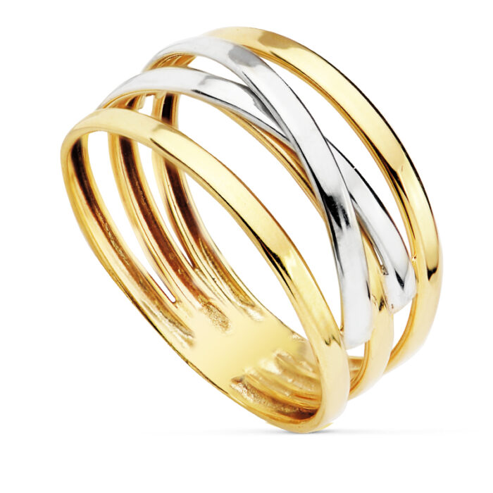 18K SORTIJA ORO BICOLOR BANDAS CRUZADAS EN BRILLO. ANCHO 10 MM