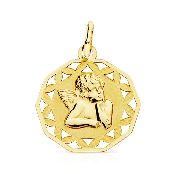 9K MEDALLA ORO AMARILLO ANGELITO BURLON CERCO CALADO 18X16 MM