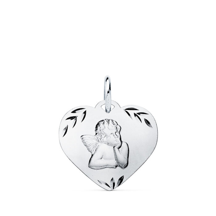 9K COLGANTE ORO BLANCO CORAZON CON ANGELITO TALLADO 16X14 MM