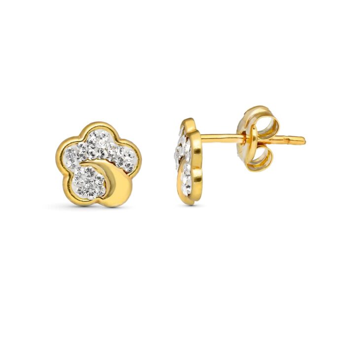 9K PENDIENTES ORO AMARILLO MARGARITA CON CIRCONITAS 8X8 MM. CIERRE PRESION