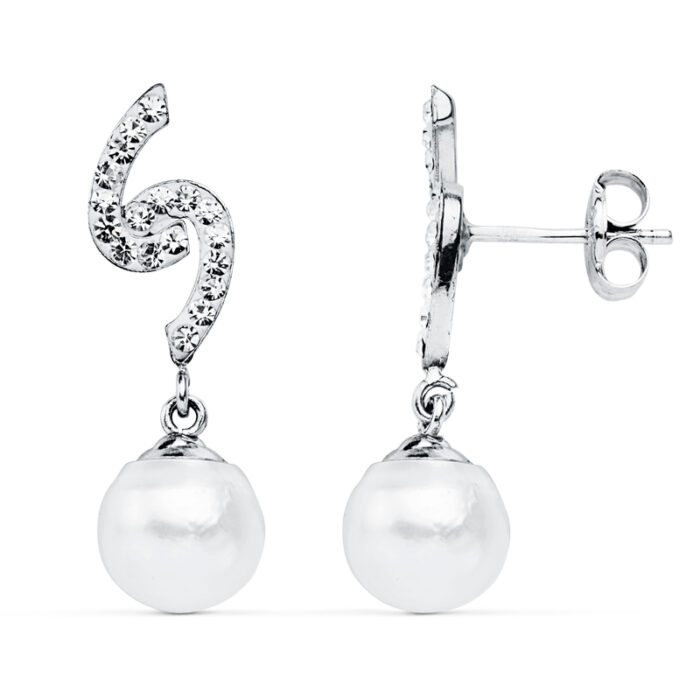 9K PENDIENTES ORO BLANCO PERLA 8 MM 24X6 MM CIERRE PRESION