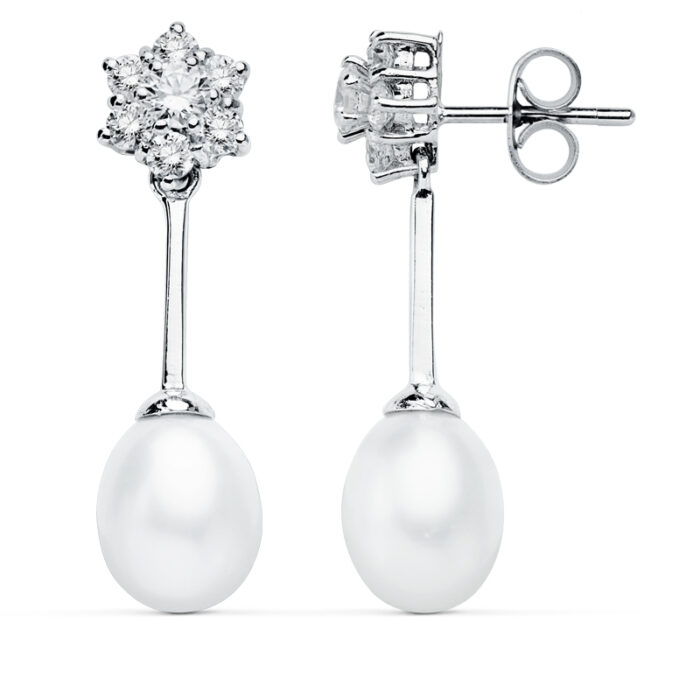 9K PENDIENTES ORO BLANCO PERLA 30X8 MM CIERRE PRESION