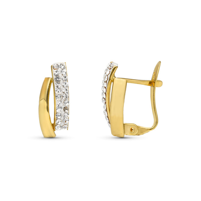 9K PENDIENTES ORO BICOLOR BANDAS PIEDRA 13X6 MM CIERRE CATALAN