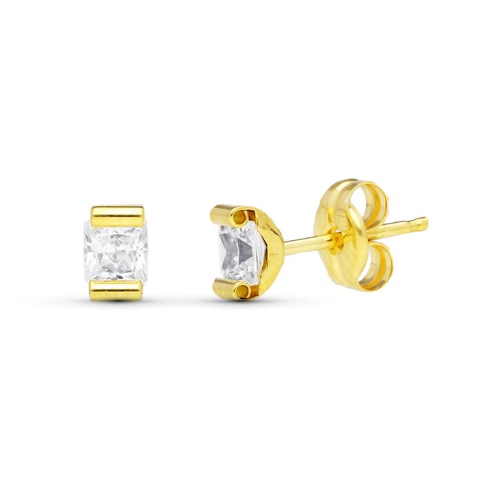 9K PENDIENTES ORO AMARILLO GARRA CURVA PIEDRA 4X3 MM CIERRE PRESION