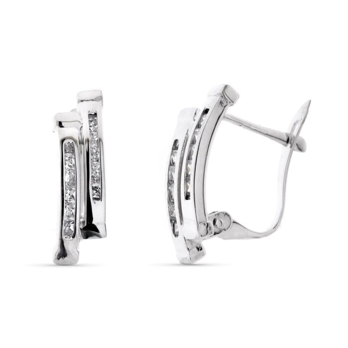 9K PENDIENTES ORO BLANCO BANDAS CON CIRCONITA 15X5 MM CIERRE CATALAN