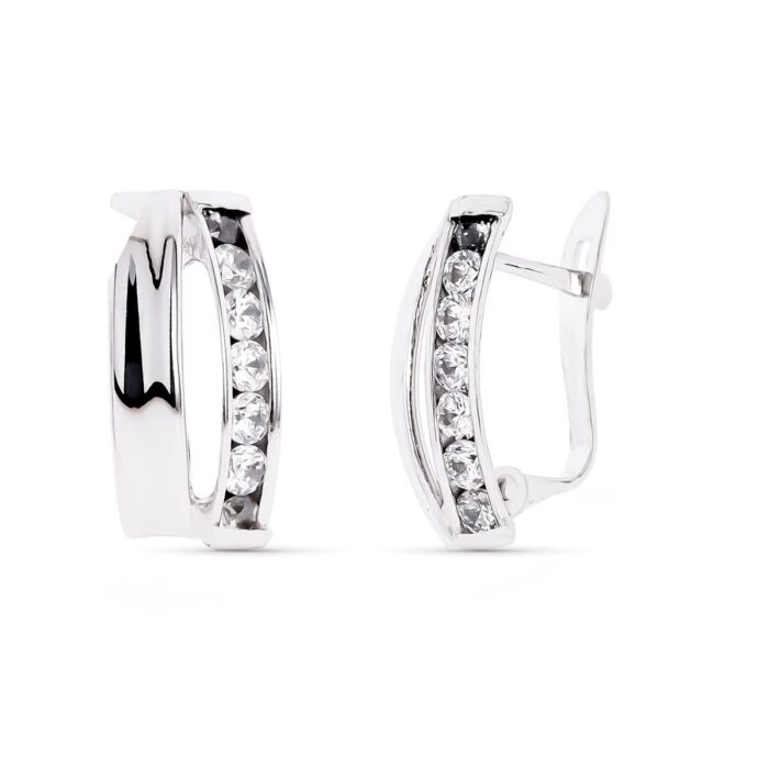 9K PENDIENTES ORO BLANCO BANDAS CON CIRCONITA 14X7 MM CIERRE CATALAN