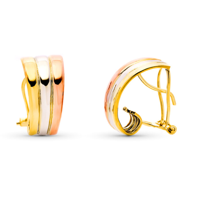 9K PENDIENTES ORO TRICOLOR BANDAS LISAS 18X9 MM CIERRE OMEGA