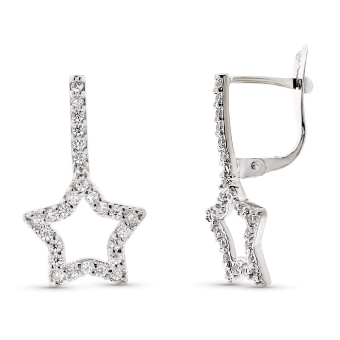 9K PENDIENTES ORO BLANCO DOBLE CUERPO ESTRELLA 20X12 MM CIERRE CATALAN