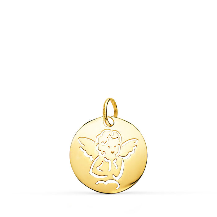 9K MEDALLA ORO AMARILLO ANGELITO ORO AMARILLO REDONDA CALADA TUMBO EN BRILLO 15 MM