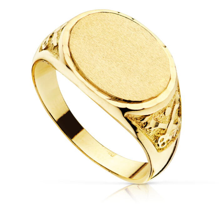 Sello macizo de oro amarillo 18k para hombre con cabeza ovalada de 15x11 mm y detalles tallados en los laterales, ideal para grabado.