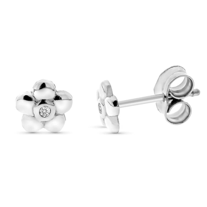 9K PENDIENTES ORO BLANCO FLOR DIAMANTES 0.016 CTS SI-H 5 MM PRESION