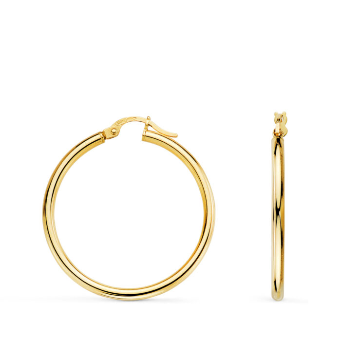 9K PENDIENTES AROS ORO AMARILLO HUECOS REDONDOS TUBO REDONDO 29 MM. GROSOR 2 MM