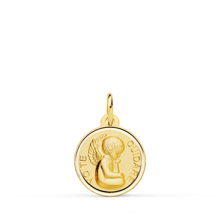 Medalla Angelito "Yo te Cuidaré" en Oro Amarillo 18K - 14 mm con Bisel