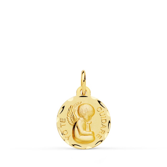 Medalla Angelito "Yo te Cuidaré" en Oro Amarillo 18K - 14 mm Tallada