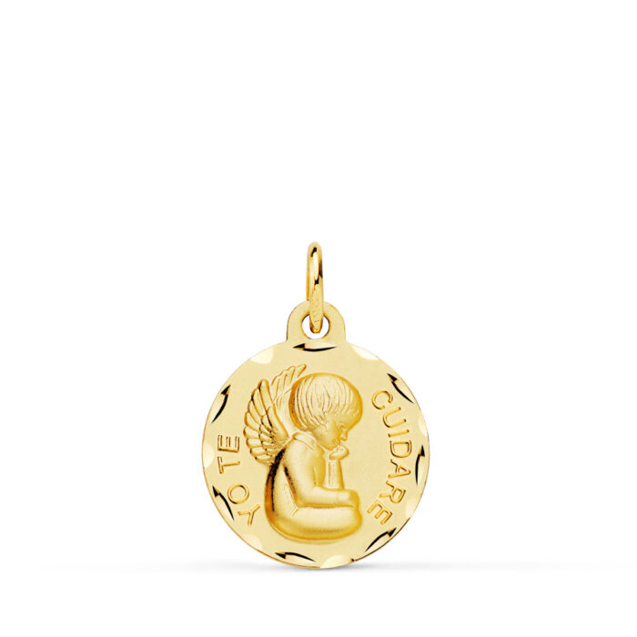 Medalla Angelito "Yo Te Cuidaré" en Oro Amarillo 18K – 16 mm con Borde Tallado