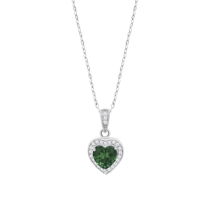 Collar Lotus Silver LP3784-1/4 de Plata con Corazón Verde Esmeralda y Halo de Circonitas